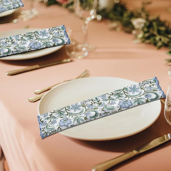 Ridhi Hand Block Print Columbia Blue 18" x 18" (Set of 4) Embroidery Table Napkins Reusable Cotton Dinner Napkins for Weddings, Parties, Everyday Dining Gift for Spring, Easter, Valentine