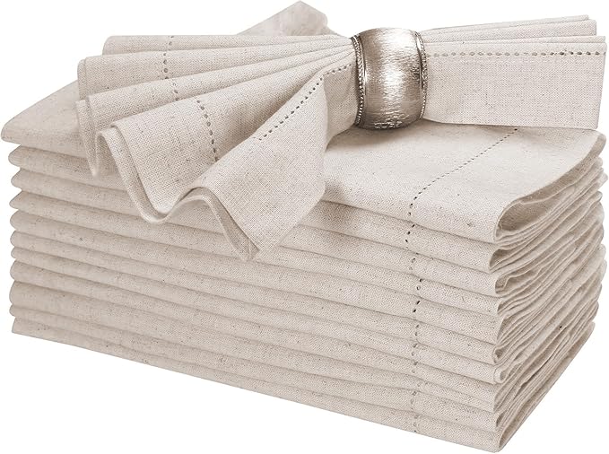 Homidate Linen Flax Cotton Cloth Dinner Napkins Set of 12 – 20x20 Natural Hemstitched Fabric – Machine Washable Elegant Reusable Table Napkins for Weddings, Parties & Dining Décor