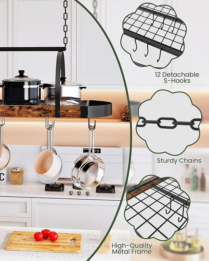 CHOEZON Hanging Pot Rack, Pot Hanger for Kitchen, Ceiling Mounted Pot Holder, Cookware Organizer with 12 S-Shaped Hooks, for Pot, Pan Storage, Space-Saving, Rustic Brown and Black TPR08BFC1