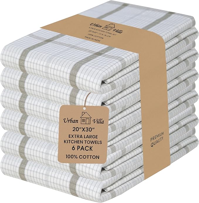 Urban Villa Kitchen Towels 100% Cotton Dish Towels for Kitchen (Set of 6) 20”x30” Dish Cloths Absorbent Kitchen Linen Set with Hanging Loop Perfect for Drying Dishes Cleaning – Tiny Check