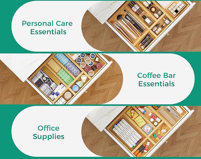 Bamboo Kitchen Drawer Organizer Boxes – 9" x 3" Stackable Wood Silverware Utensil Tray for Drawers Bins, Cutlery & Flatware Storage – Wooden Organizers Set of 2 for Junk Drawer, Bathroom, RV