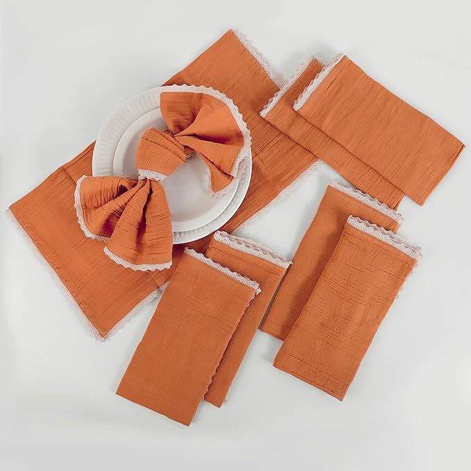 FINGERCRAFT Dinner Cloth Napkin Cotton Muslin Double Gauze 12 Pack with Classic Lace for Everyday Use, Wedding, Party, Christmas, Easter Napkins Cloth are Pre Shrunk and Good Absorbency Rust