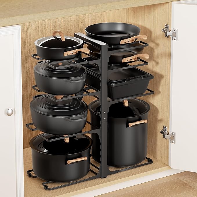 LAMU Pots and Pans Organizer under Cabinet 20.8" Height, 8 Tier Heavy Duty Pan Organizers inside Cabinet with Adjustable Pot Rack, Holds up to 120 LB for Stockpots Dutch Ovens and Cast Iron Cookware
