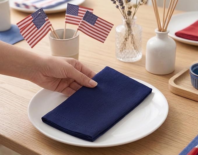 PurpleEssences Set of 12 Hemstitch Cloth Dinner Napkins 100% Cotton - Soft Durable Washable - Ideal for Wedding Spring Easter Summer - Perfect Everyday Use Table Linen 18x18 - Navy Blue