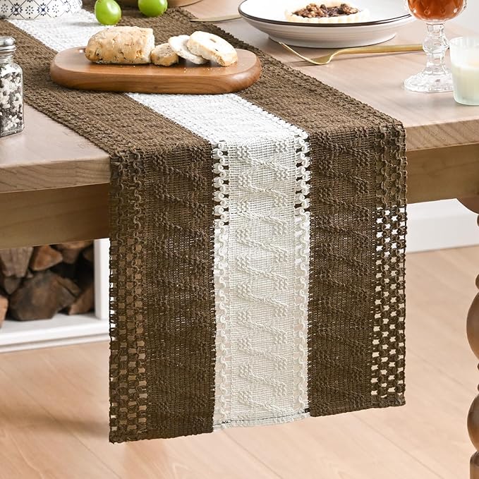 Artoid Mode Light Coffee Farmhouse Rustic Table Runner, Seasonal Hollow Kitchen Dining Table Decoration for Home Party Decor 12x60 Inch