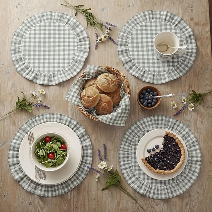 4 Pcs 15 Inch 100% Cotton Scalloped Round Placemats, Thin Countryside Green Gingham Place Mats with Ruffle, Washable Placemats Table Mats for Kitchen Dining Holiday Gatherings Decor
