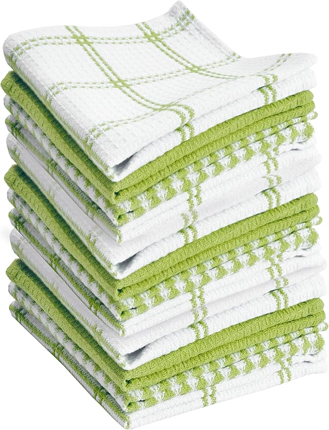 T-Fal Premium Waffle Dish Cloths: Highly Absorbent, Super Soft Long Lasting - 100% Cotton, 12"x13" Towel for Cleaning & Drying, (12-Pack), Green