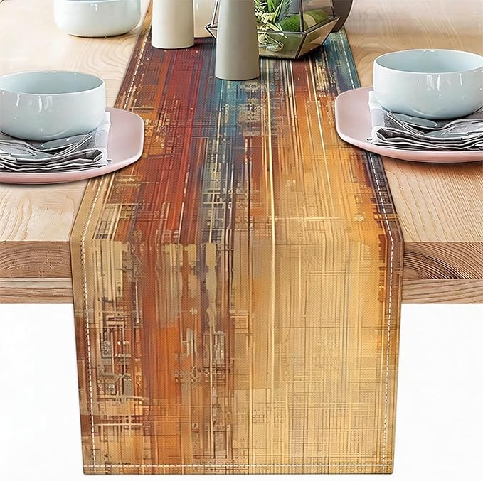 Niviy Brown Blue Wood Grain Linen Table Runner, 12x72 Inch Washable Table Runners Easy to Clean Kitchen Table Decor for Holiday Party Kitchen Dining Table Decoration