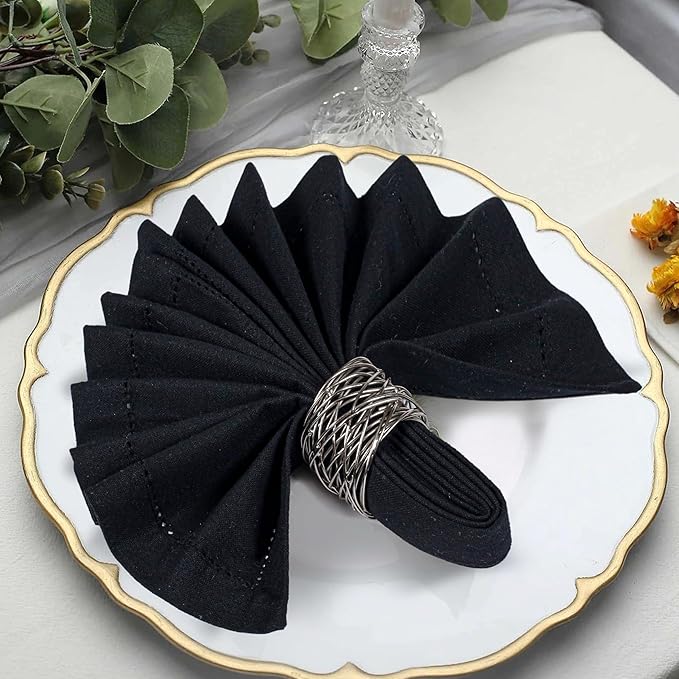 Bedding Craft Cloth Dinner Napkins Set of 12 – 18x18 Jet Black Linen-Look Hemstitched – Reusable Machine Washable Fabric Napkins for Weddings, Events & Everyday Dining