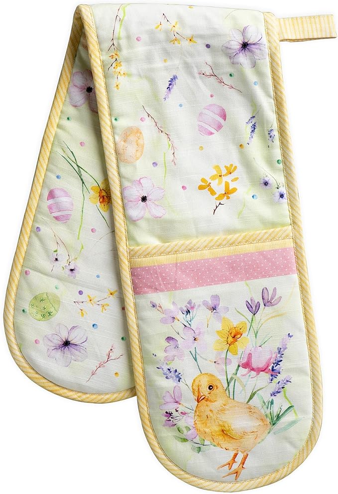 Maison d' Hermine Double Oven Mitts 100% Cotton 7"x35" Double Oven Mitt Heat Resistant BBQ Cooking Gloves with Loop Baking Grilling Gifts for Mothers Day Spring Summer (Easter Zest)