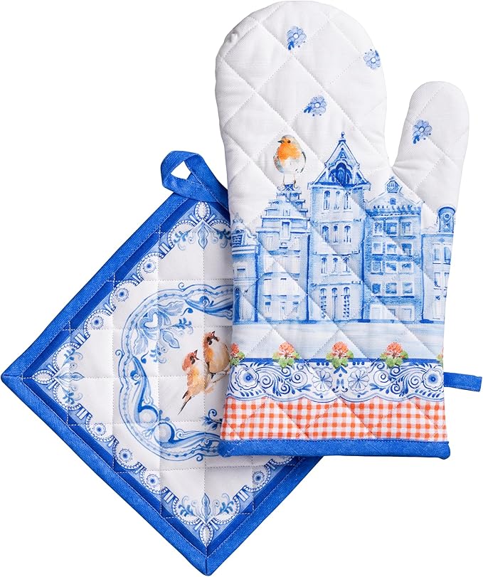 Maison d' Hermine 100% Cotton Oven Mitt & Pot Holder Set (7.5"x13" & 8"x8") Heat Resistant Cooking Gloves with Loop Baking Grilling Kitchen Gifts for Mothers Day Spring/Summer (Amsterdam Canals)