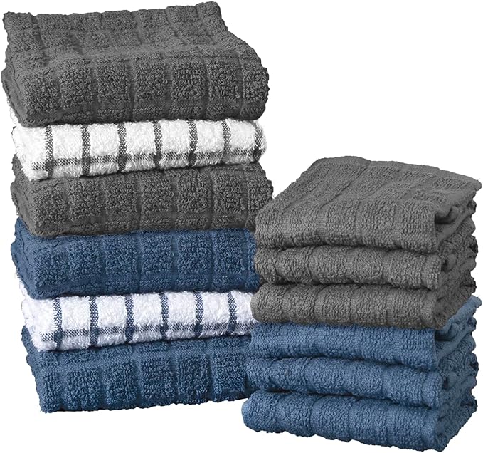 Ritz Premium Kitchen Towel and Dish Cloth Value Set: Highly Absorbent, Super Soft, Long-Lasting, 100% Cotton Checked and Solid Hand Towels, Tea Towels, Bar Towels - 12-Pack, Federal Blue/Graphite