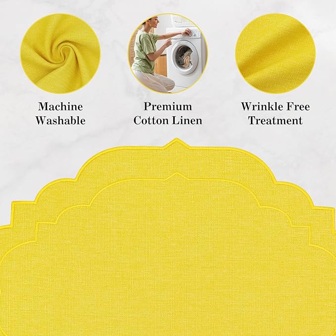 Cotton Linen Oval Placemats Set of 4, HADEEONG Table Mats Cloth Placemats, Washable Wrinkle Resistance, Scalloped & Embroidered Fabric Placemats, 17.71 x 13.77inch (Yellow, 4)