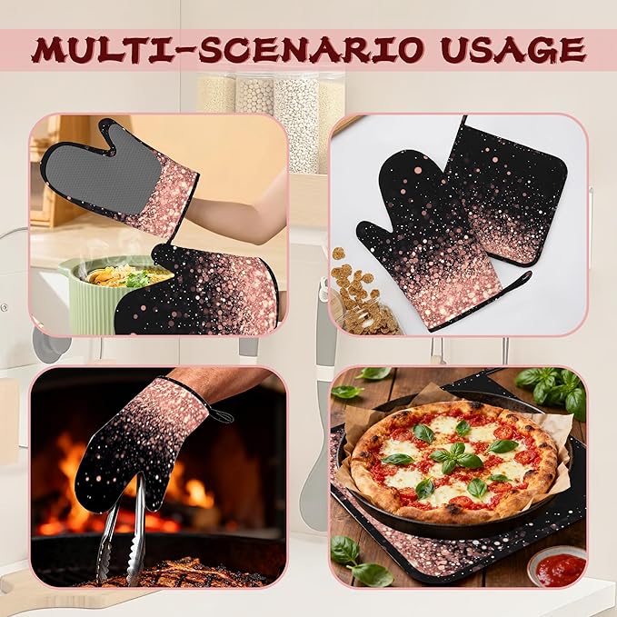Rose Gold Glitter Silicone Oven Mitts and Pot Holders,Heat-Resistant 4 Piece Kitchen Set Non-Slip Oven Gloves and Hot Pads for Cooking, Baking, Grilling,BBQ