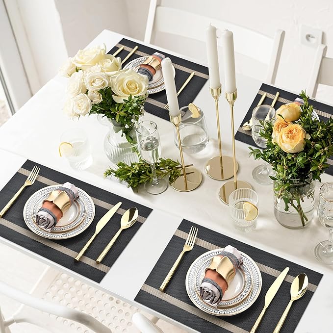 SLKQG Black Placemats Set of 4 - Easy Clean Modern Durable Washable Vinyl Place Mats - Heat Resistant Placemats for Kitchen Table - PVC Table Mats for Dining Table (Black with Stripes, 4)