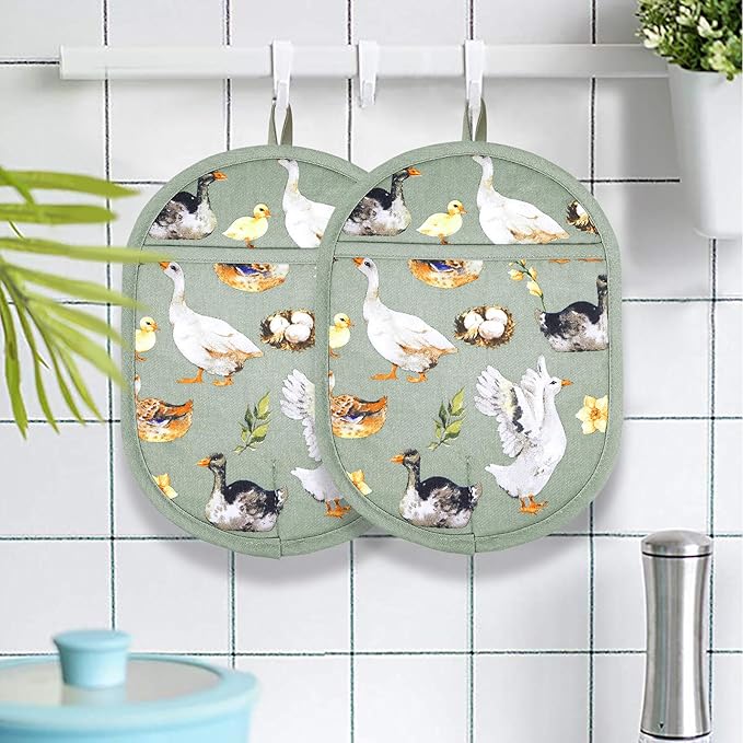 Pot Holders Set of 2 with Transparent Clear Silicone Shell and Nice Duck Flower Cotton Lining, Heat Resistant to 500 F Kitchen Oven Gloves Pot Holder for Cooking (Wathet Blue, Potholders)