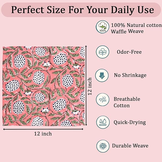 Ridhi Dark Salmon Pink Hand Block Print Cotton Waffle Dish Cloth Set of 6-12x12 Inch Super Absorbent, Soft, Reusable Kitchen Towels for Dish Drying Cleaning, Ideal for Spring, Easter, Valentine