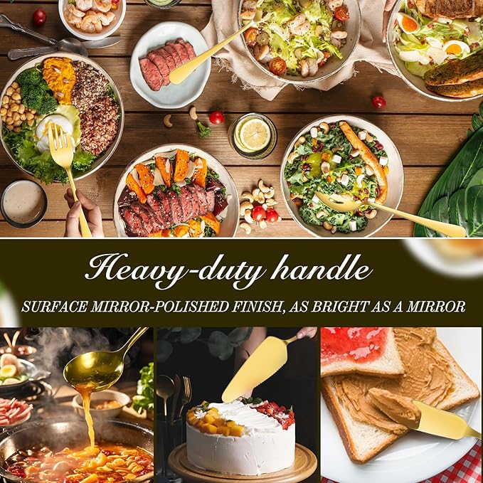 Mwellewm 17Pcs Serving Utensils, Gold Stainless Steel Serving Spoons, Slotted Spoon, Fork, Tongs, Cake Pie Server, Soup Spoon, Metal Buffet Banquet Cutlery Set for Parties Entertaining Catering