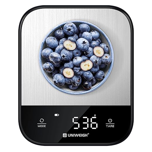 UNIWEIGH Food Scales for Kitchen,Digital Scale Grams and Ounces for Food Weight,Baking,Cooking,Meal Prep,Small Kitchen Scales with 7 Weighing Units/LED Display/Tare Function,Stainless Steel,Black
