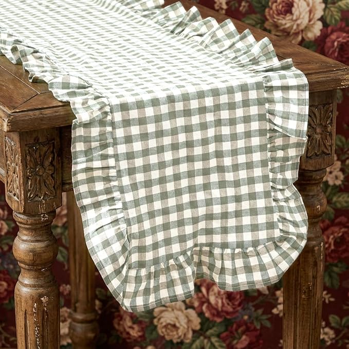 HunnmingRe 1 Pcs Sage Green Plaid Gingham Ruffle Table Runner 118 x 13.8'' Farmhouse Table Runner 100% Cotton Scalloped Long Dresser Scarves for Dining Room, Wedding, Kitchen Rustic Home Decor