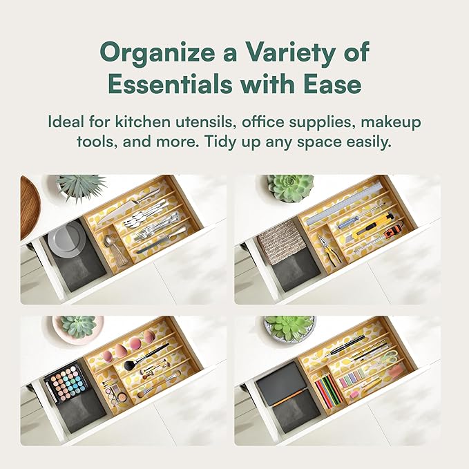 Pristine Bamboo Drawer Organizer - Silverware Organizer with 5 Slots, Lemon Print