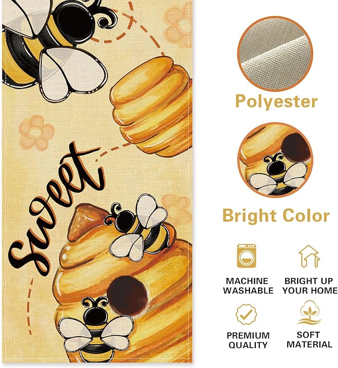 Spring Summer Bumble Bee Honeycomb Table Runner, Yellow Sweet Beehive Kitchen Dining Table Decoration, Seasonal Flower Burlap Indoor Outdoor Home Decor Party Supply 13 x 90 Inches