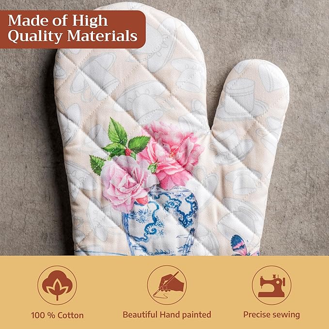 Maison d'Hermine Oven Gloves 100% Cotton Oven Mitt 7" x 13" with Loop Heat Resistant BBQ Cooking Gloves Baking Grilling Gifts for Mothers Day Spring/Summer (Pack of 1, Canton)