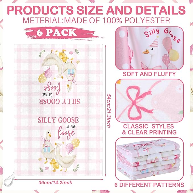 Breling Set of 6 Silly Goose Kitchen Towels Funny Goose Dish Towel Decor Pink Bow Decorative Hand Cloths for Kitchen Bathroom Home Decoration Cooking Housewarming Gifts, 14 x 21 Inch