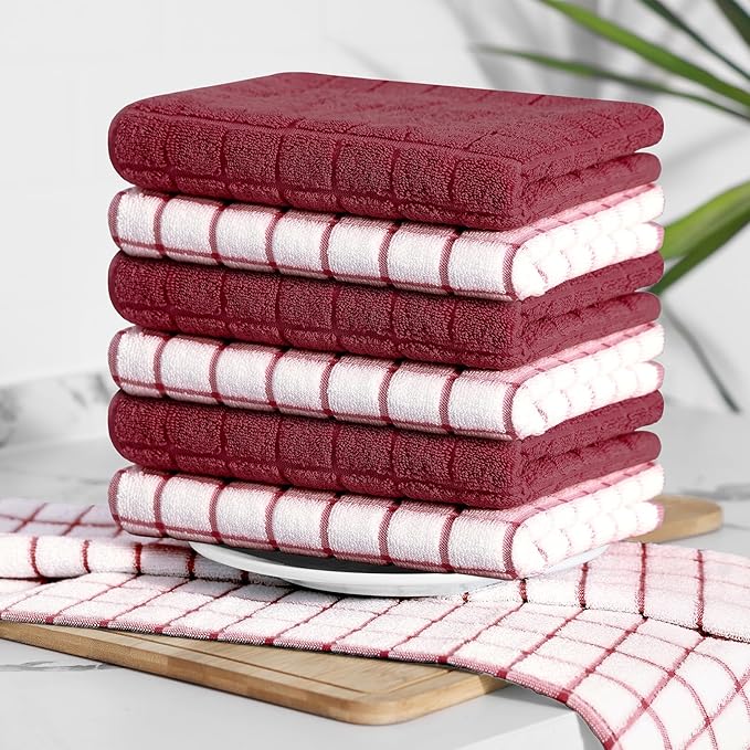 Homaxy Premium Cotton Kitchen Towels 16"x 28", Large Natural Ring Spun 390 GSM Dish Towels, Super Absorbent Terry Kitchen Hand Towels, Soft Tea Towels with Hanging Loop, Red Check Design,6 Pack
