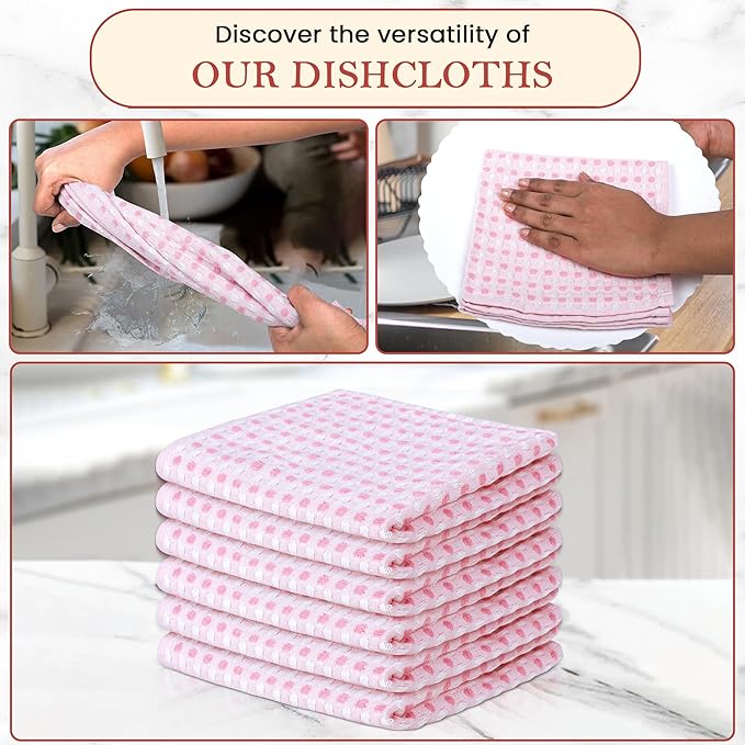 Vintage Vista 100% Cotton Dish Cloths (Pack of 6) - Dish Rags for Washing Dishes - Reusable & Highly Absorbent Kitchen Towels - Kitchen Rags fo Easter - (12" x 12" - Pink Honeycomb)