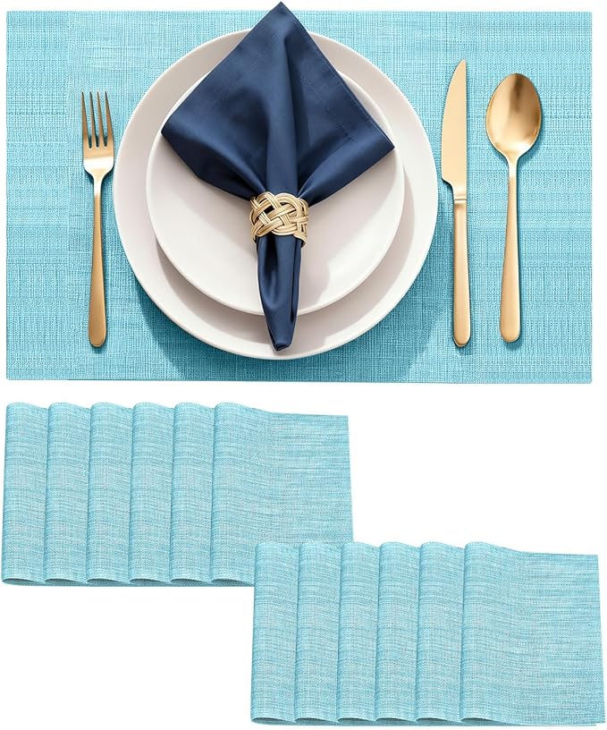 Durable Vinyl Placemats Set of 12, Non-Slip for Dining Table Mat, Heat Resistant Place Mats, Washable Anti-Slip PVC Easy to Clean Wipeable Premium Plastic Mats for Kitchen Blue