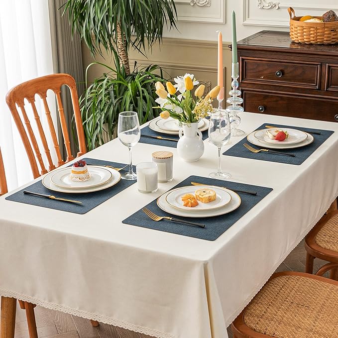 Romanstile Vinyl Placemats Set of 12-12 X 17 Inch - Faux Leather 100% Waterproof Oil-Proof Wipeable Place Mats, Heat Resistant Reversible PU Table Mats for Kitchen Dining Party Outdoor, Navy Blue