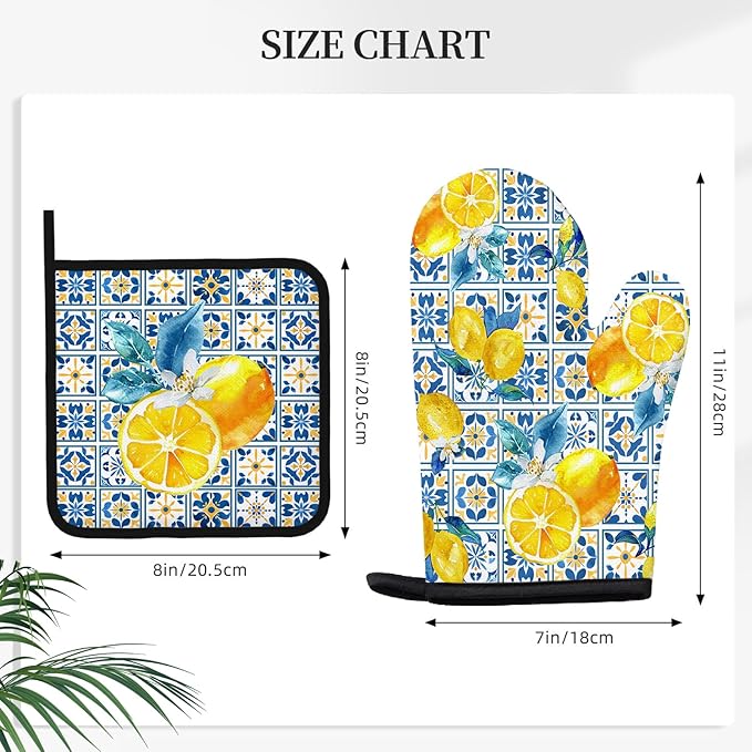 Lemon Silicone Oven Mitts and Pot Holders 3Pcs, Yellow Kitchen Decor Silicone Oven Mitts for Lemon Lover, Lemons Kitchen Decor Heat Resistant Non-Slip Oven Gloves for Mom Wife Sister BFF