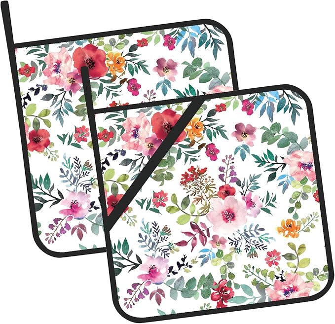 Watercolor Floral Flowers Pot Holders Set of 2 Kitchen Heat Resistant Potholder for Microwave Cooking Baking Oven End Dishes and BBQ