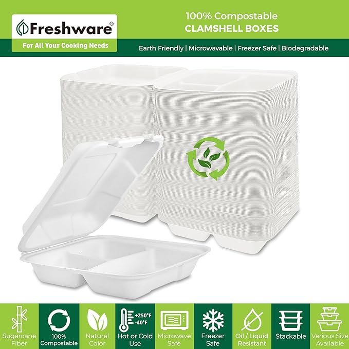 Freshware Compostable Clamshell Food Containers [8x8"] 3-Compartment 50-Pack, Disposable Containers, Biodegradable Sugarcane To Go Boxes - Paper Food Containers - Microwave & Freezer Safe, Stackable