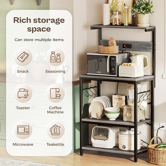 SUPERJARE Kitchen Bakers Rack with Power Outlet, Coffee Bar Table 4 Tiers, Kitchen Microwave Stand with 6 S-Shaped Hooks, Storage Shelf Rack for Spices, Pots and Pans - Charcoal Gray