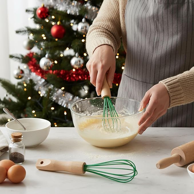Baderke 20 Sets Baking Gifts Set Includes 8 Inch Silicone Whisk with Wood Handle Wired Stainless Steel Whisk Set Greeting Cards Plastic Bags for Party Birthday Christmas Stuffers Gift(Green)