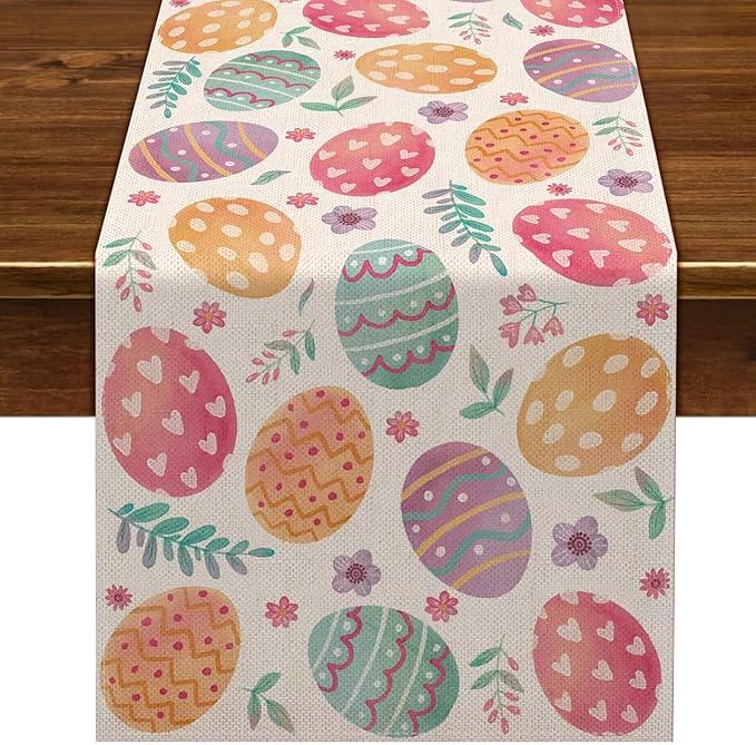 Nepnuser Linen Happy Easter Table Runner Spring Easter Egg Decoration Farmhouse Home Dining Room Kitchen Table Decor (13" x 120")