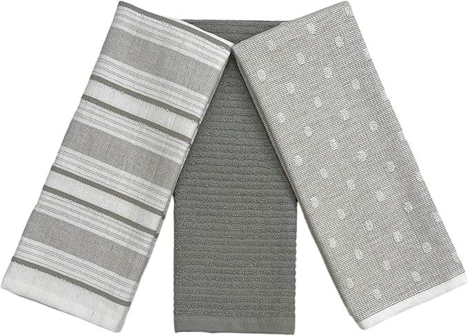 Grey White Kitchen Hand Dish Towels: Oversized 28" x 16",100% Cotton Cloth Soft Cleaning Drying Absorbent Gray Striped Solid Polka Dot Design, Set of 3 Multipurpose for Everyday Use (Grey Austin)