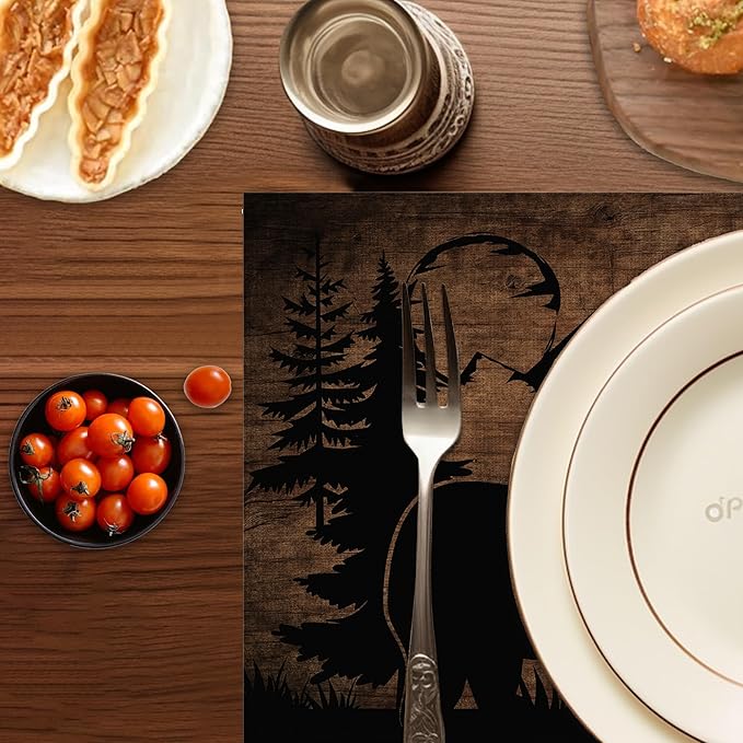 Bear Lodge Placemats Set of 6,Washable Heat Resistant 12×18 Inch Table Mats Farmhouse Place Mats for Outdoor & Camping Lodge Cabin Decor