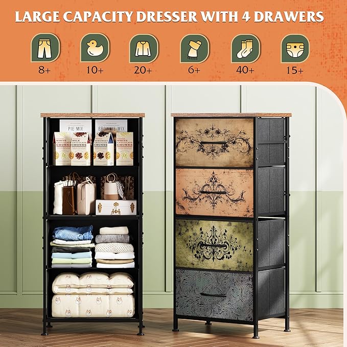 WLIVE Dresser with 4 Drawers, Storage Tower, Organizer Unit, Fabric Dresser for Bedroom, Hallway, Entryway, Closets, Sturdy Steel Frame, Wood Top, Easy Pull Handle, Pattern