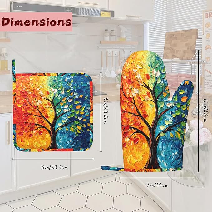 Tree of Life Silicone Oven Mitts and Pot Holders,Heat-Resistant 4 Piece Kitchen Set Non-Slip Oven Gloves and Hot Pads for Cooking, Baking, Grilling,BBQ