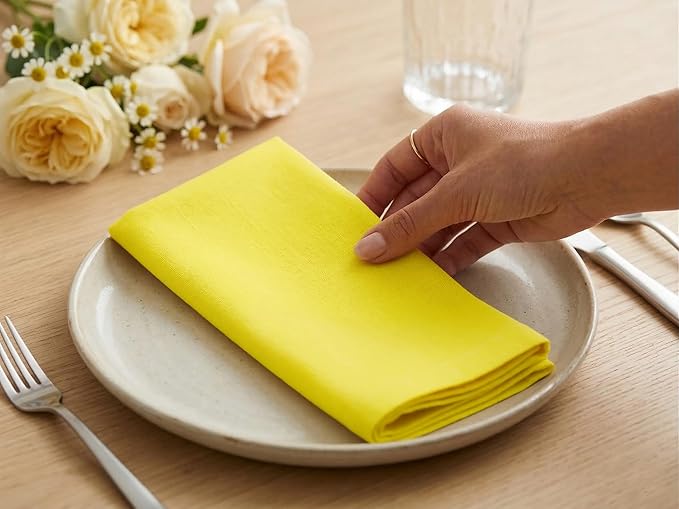 PurpleEssences Set of 12 Cloth Dinner Napkins 100% Cotton 18x18 Inch - Soft Durable Washable - Ideal for Farmhouse Party Spring Easter Summer - Perfect Everyday Use Table Linen - Yellow