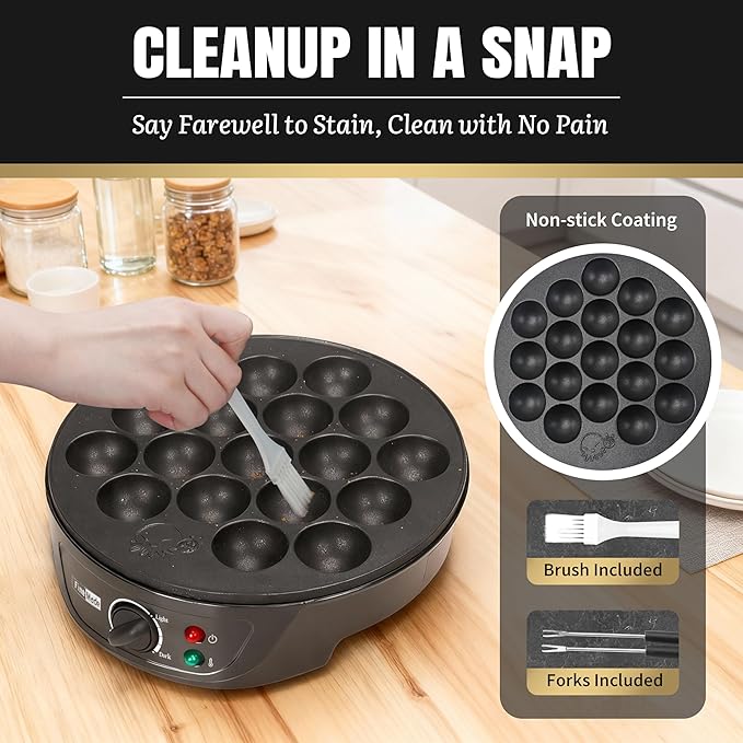 FineMade Takoyaki Maker Pan with Temperature Control, Tools and Recipes, Make 18 Japanese Octopus Balls at once, Easy to Use and Store