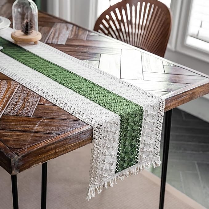Alynsehom Macrame Table Runner Cream Beige and Green Boho Table Runners with Tassels Hand Woven Cotton Table Runner Rustic Farmhouse Table Runners for Bohemian Kitchen Dining Table(12x36in)