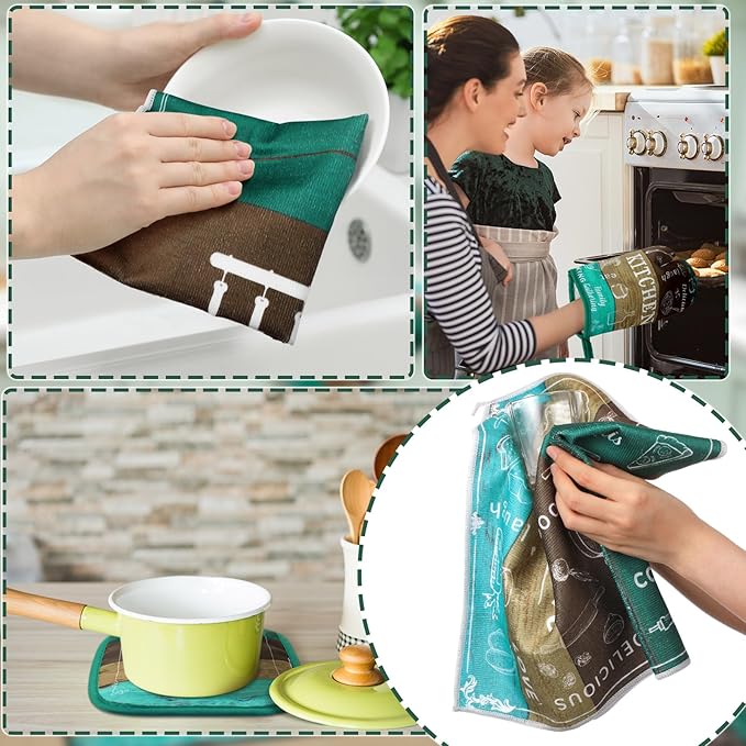 12 Pcs Farmhouse Kitchen Decor Sets 4 Teal Green Kitchen Towels 4 Teal Absorbent Dishcloths 2 Rustic Pot Holders 2 Oven Mitts Gloves for Home Decorations Mom Gifts