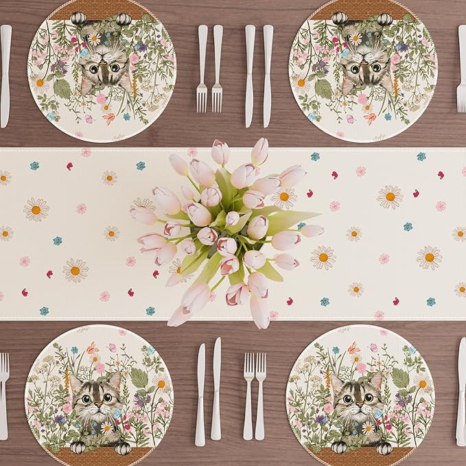 XCHI Wildflowers Cat Daisy Spring Round Placemats Set of 4 Summer Table Mats for Party Home Kitchen Dining Table Decorations 14x14 Inch