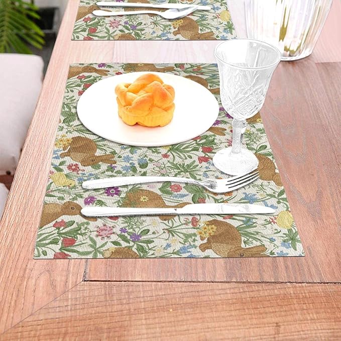 Spring Place mats Set of 4,12x18 Inches Cute Brown Rabbit Floral Placemats Rectangle Easter Decor Bunny Flower Linen Table Mats for Party Home Kitchen Dining Table Decoration
