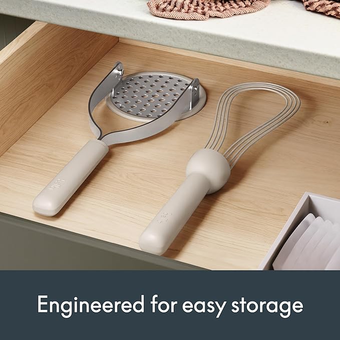 bella 2-Piece Compact Masher and Whisk Set, Fold Flat, Stainless steel and silicone, Foldable Masher, Ballon Whisk, Flat Whisk, Non-stick, Nonslip, Heat safe to 425°F, Oatmilk