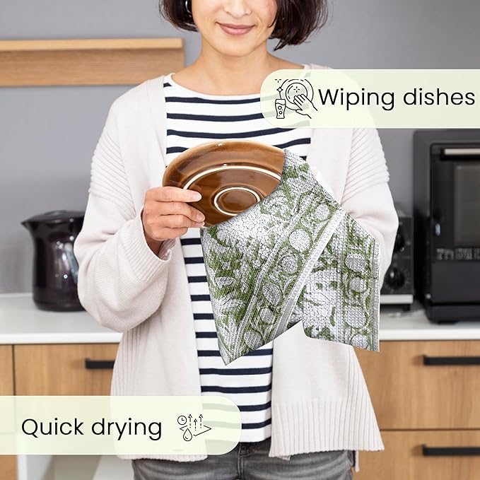 CPC Olive Green Hand Block Print Waffle Kitchen Towel Set of 3-16 x 28 Inch Ultra Absorbent Quick Dry Cotton Lightweight Reusable Sustainable Tea Towels for Cleaning and Drying Gift for Christmas
